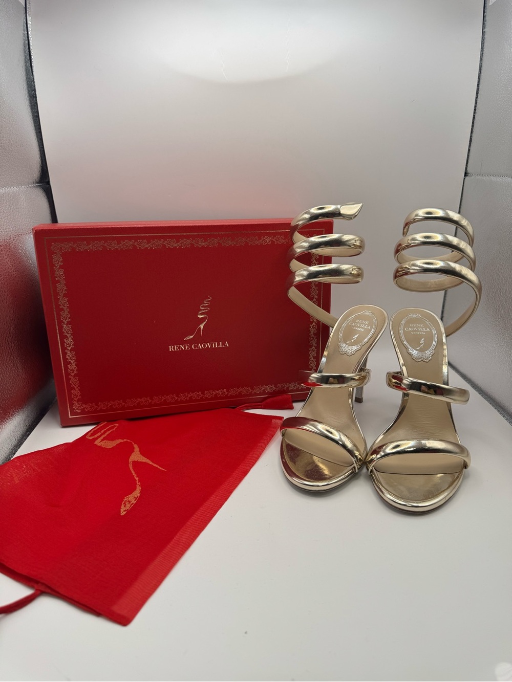 Rene Caovilla Metallic Gold Spiral-Ankle Stiletto Sandals